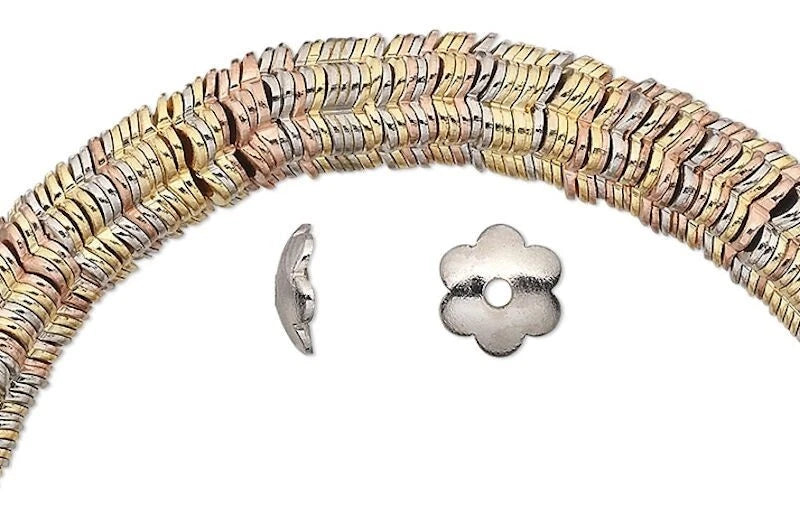 300 Gold, Silver & Copper Tri Color Plated Steel 6x2mm Smooth Flower Bead Caps