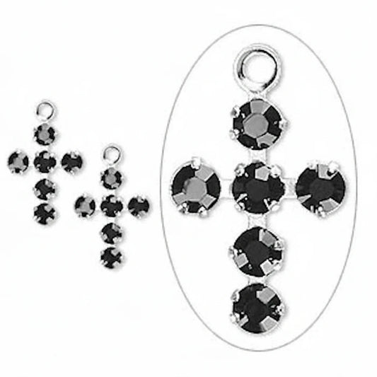 Sterling Silver Cross Charms with Swarovski Jet Black Crystal, 7x5mm, 2 pcs