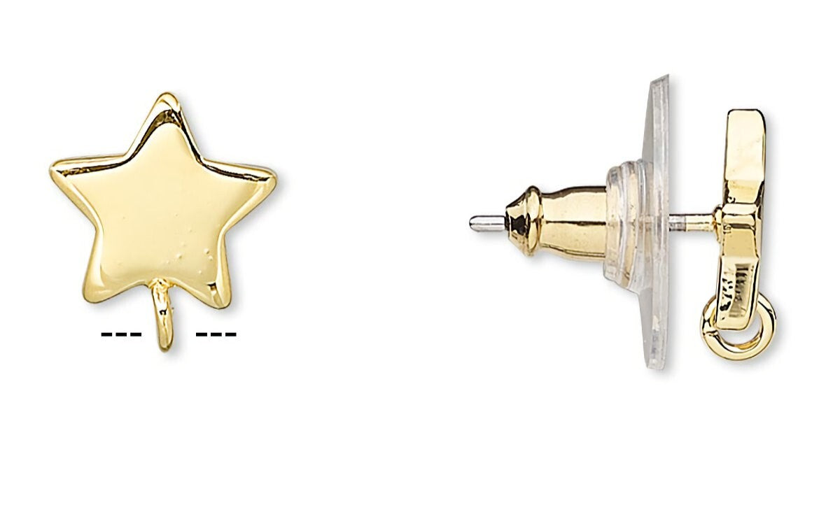Gold Plated Steel 9mm Star Earring Posts with Closed Loop & Ear Nuts (2 Pair)