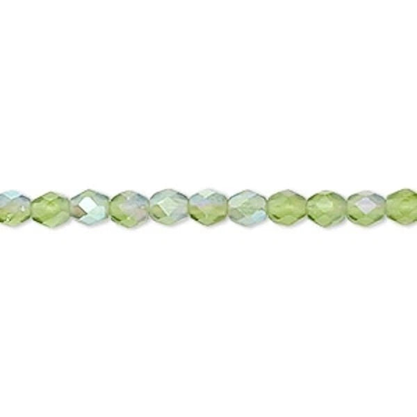 Czech Matte AB Light Green Fire Polished Round Beads, 4mm, 1 Strand (approx. 100)
