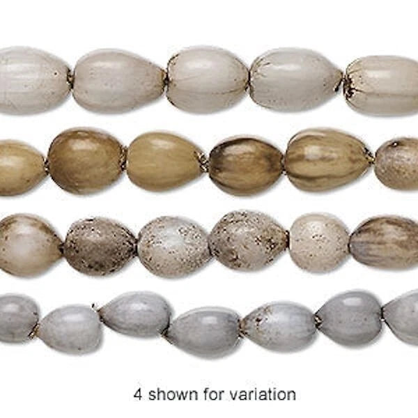 Two strands of beige and gray beads on a white background