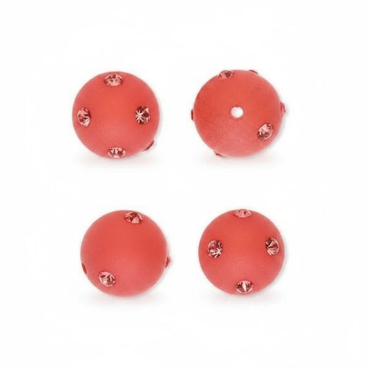 Frosted Red Resin Round Beads with Hyacinth Swarovski Crystals, 10mm, 4 pcs