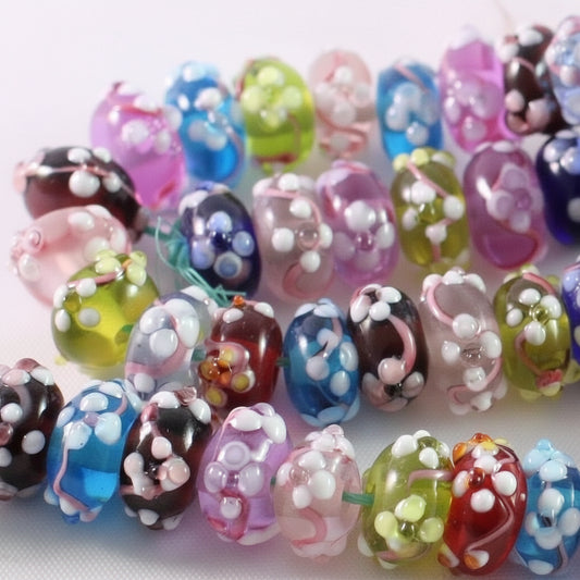 Lampworked Glass Multicolor Flower Rondelle Beads, 12x7mm, 20 pcs