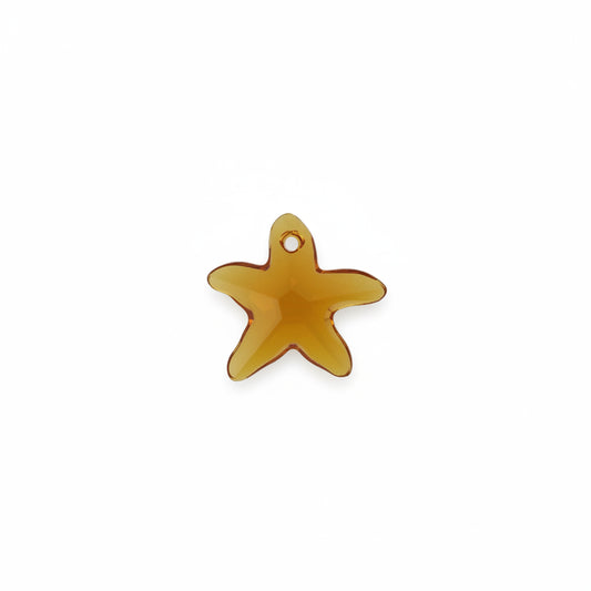 A translucent amber-yellow starfish-shaped jewelry charm with a small hanging hole at the top, shown on a plain white background.