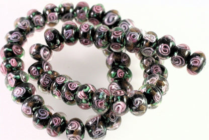 Lampwork Glass Multicolor Pink Floral 12x7mm Rondelle Beads, 12 pcs