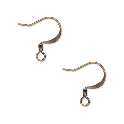 Antiqued Gold Plated Brass Flat Fishhook Ear Wires with Coil & Open Loop, 17mm, 50 Pairs