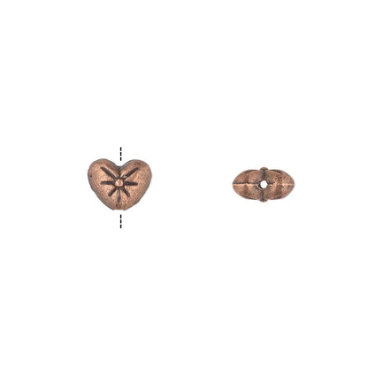 Antiqued Copper Plated Pewter Double Sided Heart Beads, 8x6mm, 50 pcs