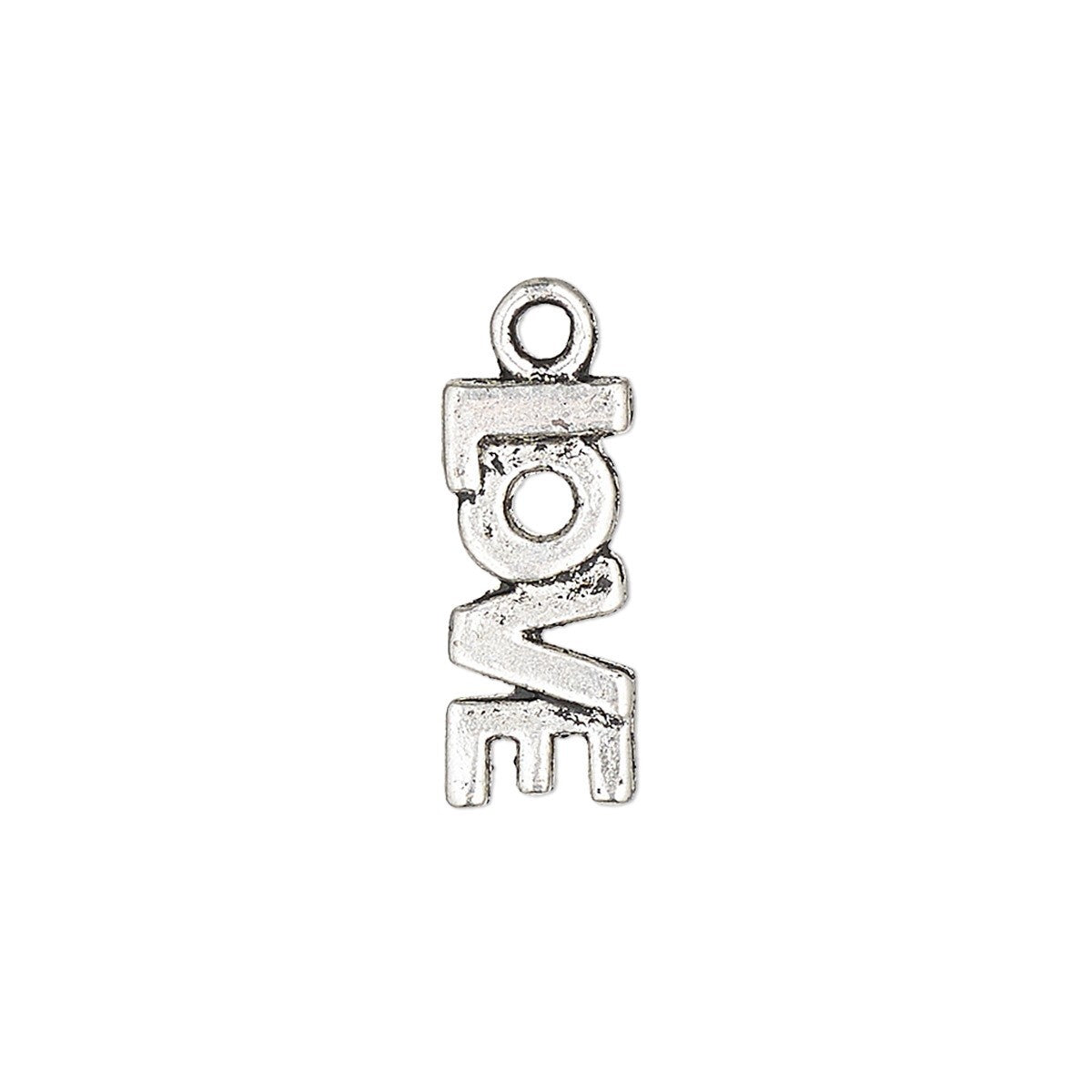 A silver-toned metal charm spelling 'LOVE' vertically, featuring a textured antique finish and a top loop, shown on a plain white background.