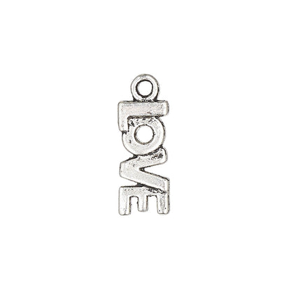 A silver-toned metal charm spelling 'LOVE' vertically, featuring a textured antique finish and a top loop, shown on a plain white background.