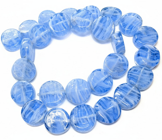 Lampworked Glass Light Blue & White Coin Beads, 14mm, 1 Strand (approx. 25-27)