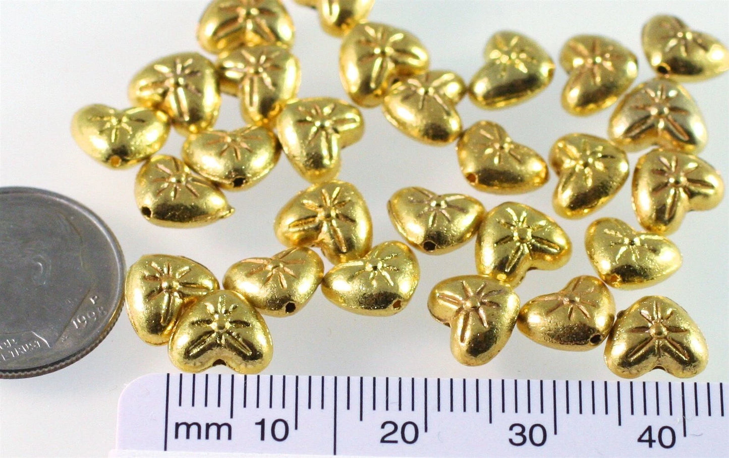 Gold Plated Pewter Double-Sided Heart with Flower Beads, 8x6mm, 50 pcs
