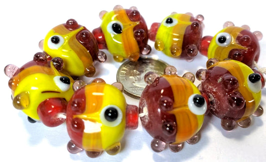 Lampwork Glass Tropical Fish Beads, Yellow/Orange/Red/Tan, 8 pcs