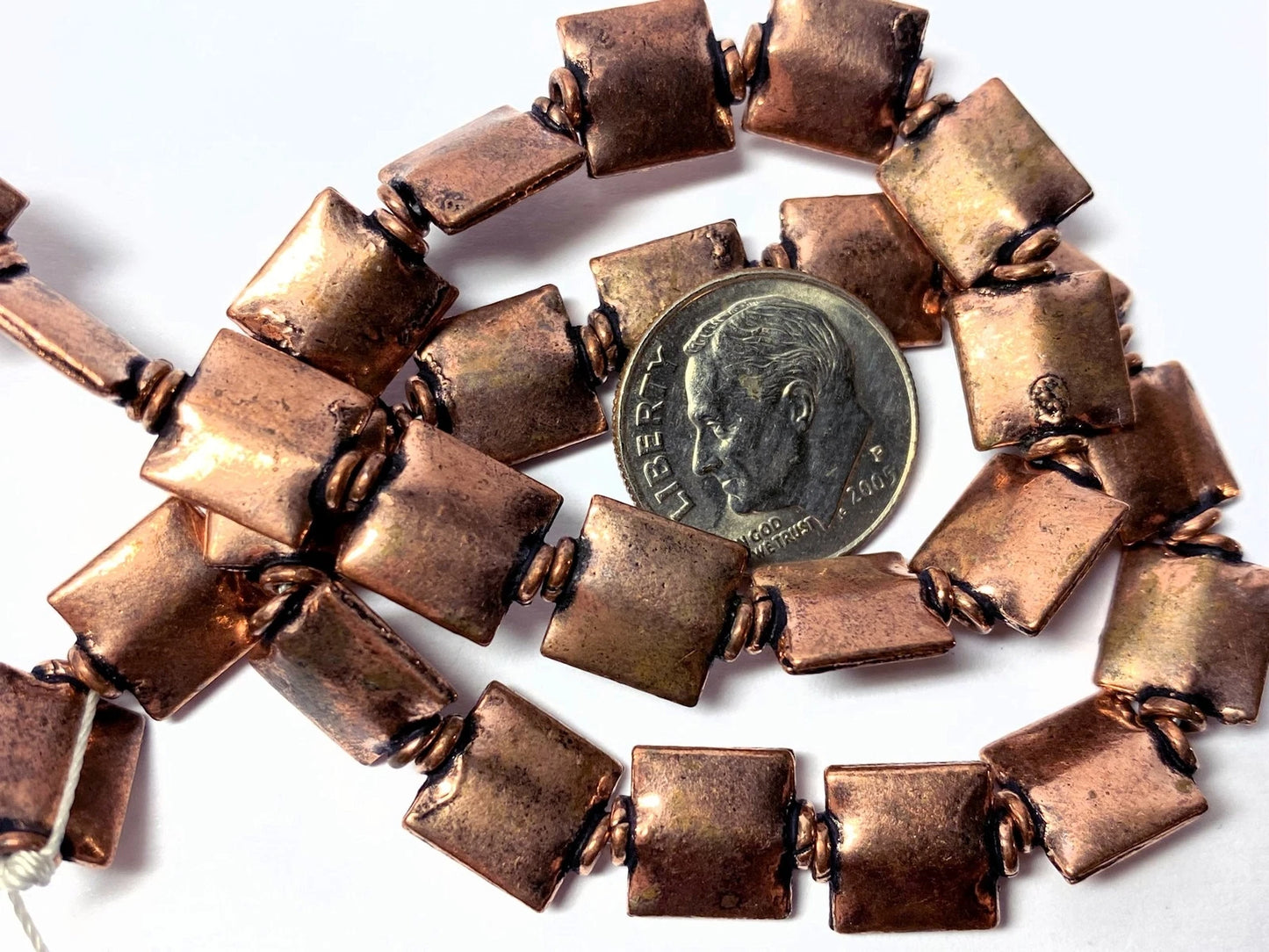 Antiqued Copper Plated Puffed Square Beads with Collar, 8.5x10mm, 1 Strand (approx. 27–30)