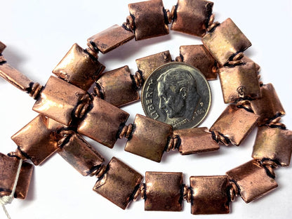 Antiqued Copper Plated Puffed Square Beads with Collar, 8.5x10mm, 1 Strand (approx. 27–30)