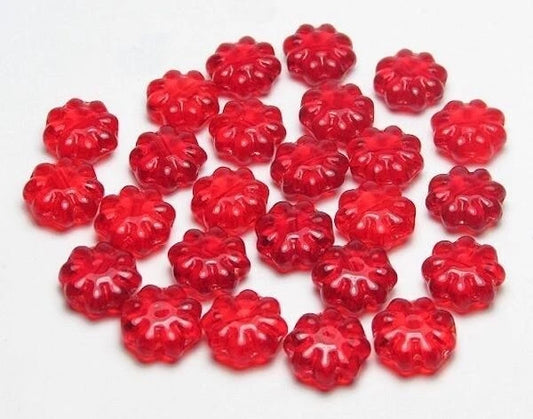 50 Czech Pressed Glass Siam Ruby Red 9mm Daisy Disc Flower Beads with 1mm Hole