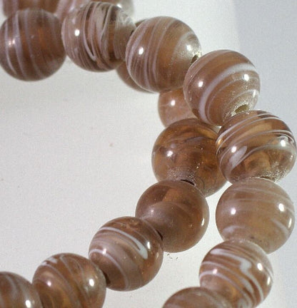 Lampwork Glass Brown White Swirl 9-10mm Round Beads, 1 Strand (approx. 38-42)