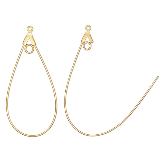 Gold Plated Brass Teardrop Beading Hoops, 40x22mm, 20 Gauge — 50 pcs