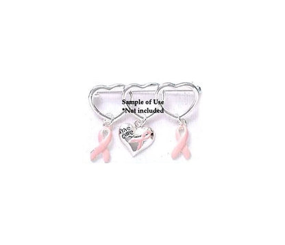 A silver-toned breast cancer awareness pin featuring three interlocking hearts, with two pink ribbon charms and a central heart engraved with 'the care' and a pink ribbon, shown on a plain white background.