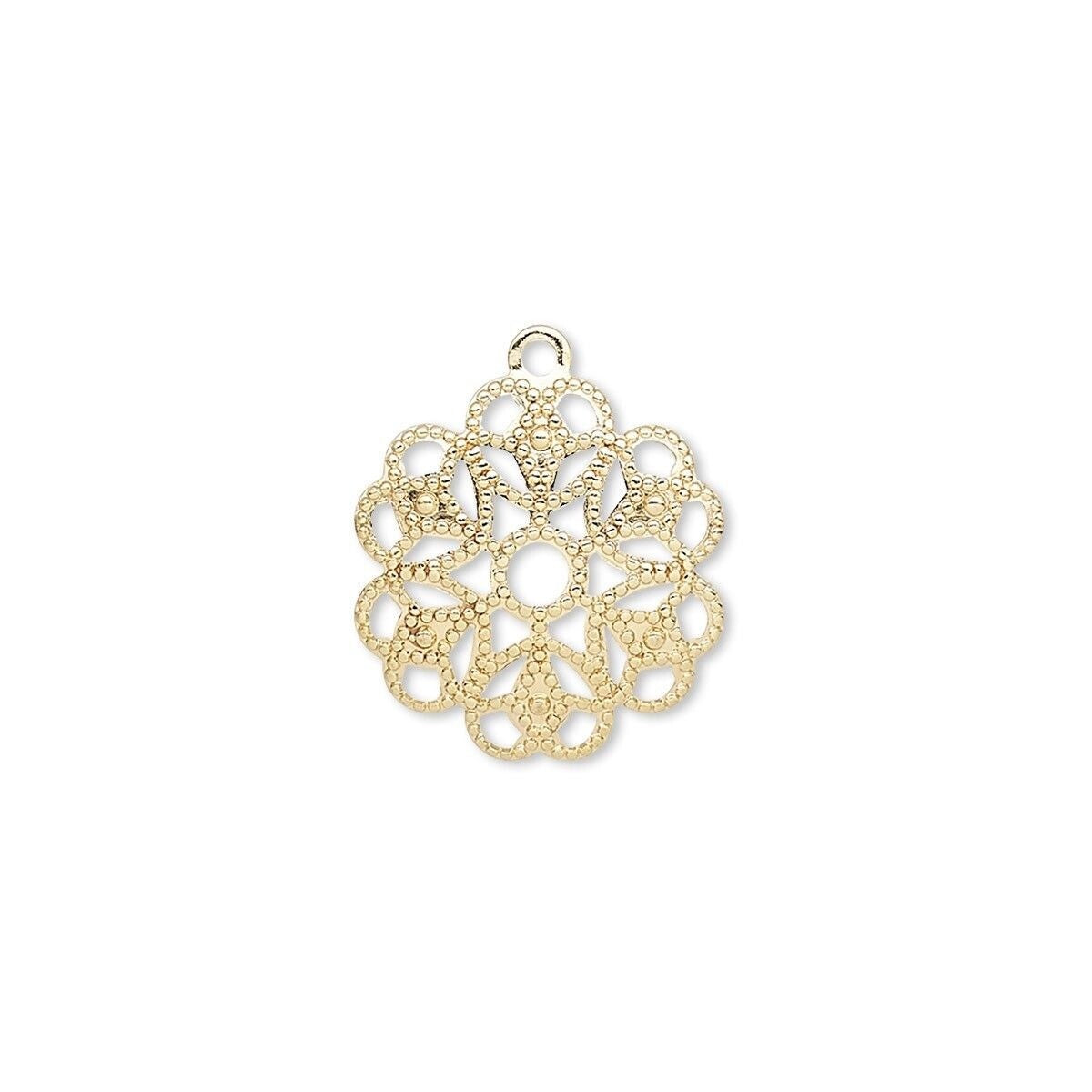 A single gold-toned metal charm with an intricate openwork floral or lace-like pattern and a small loop at the top, shown on a plain white background.
