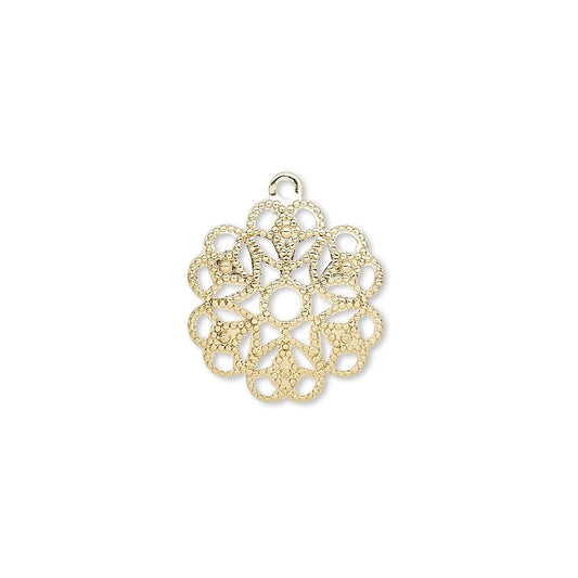 A single gold-toned metal charm with an intricate openwork floral or lace-like pattern and a small loop at the top, shown on a plain white background.