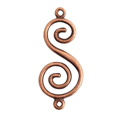 A single copper-colored metal jewelry finding shaped like an ornate spiral S, with two small loops at the top and bottom, shown on a plain white background.