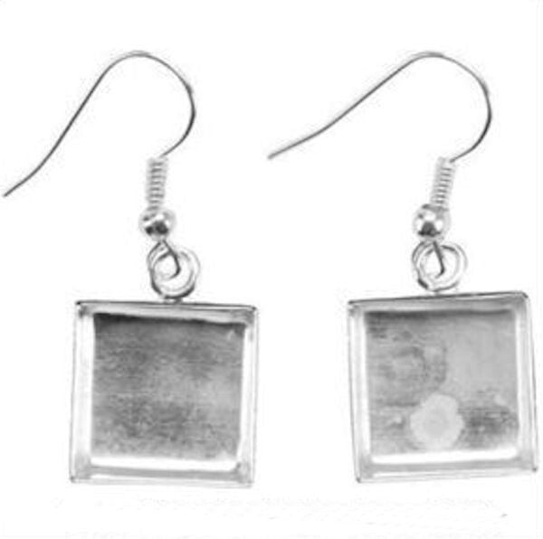 Silver Plated 15x15mm Square Dangle Earring Mounts with Fishhook Ear Wires, 1 Pair
