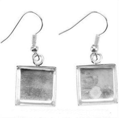 Silver Plated 15x15mm Square Dangle Earring Mounts with Fishhook Ear Wires, 1 Pair