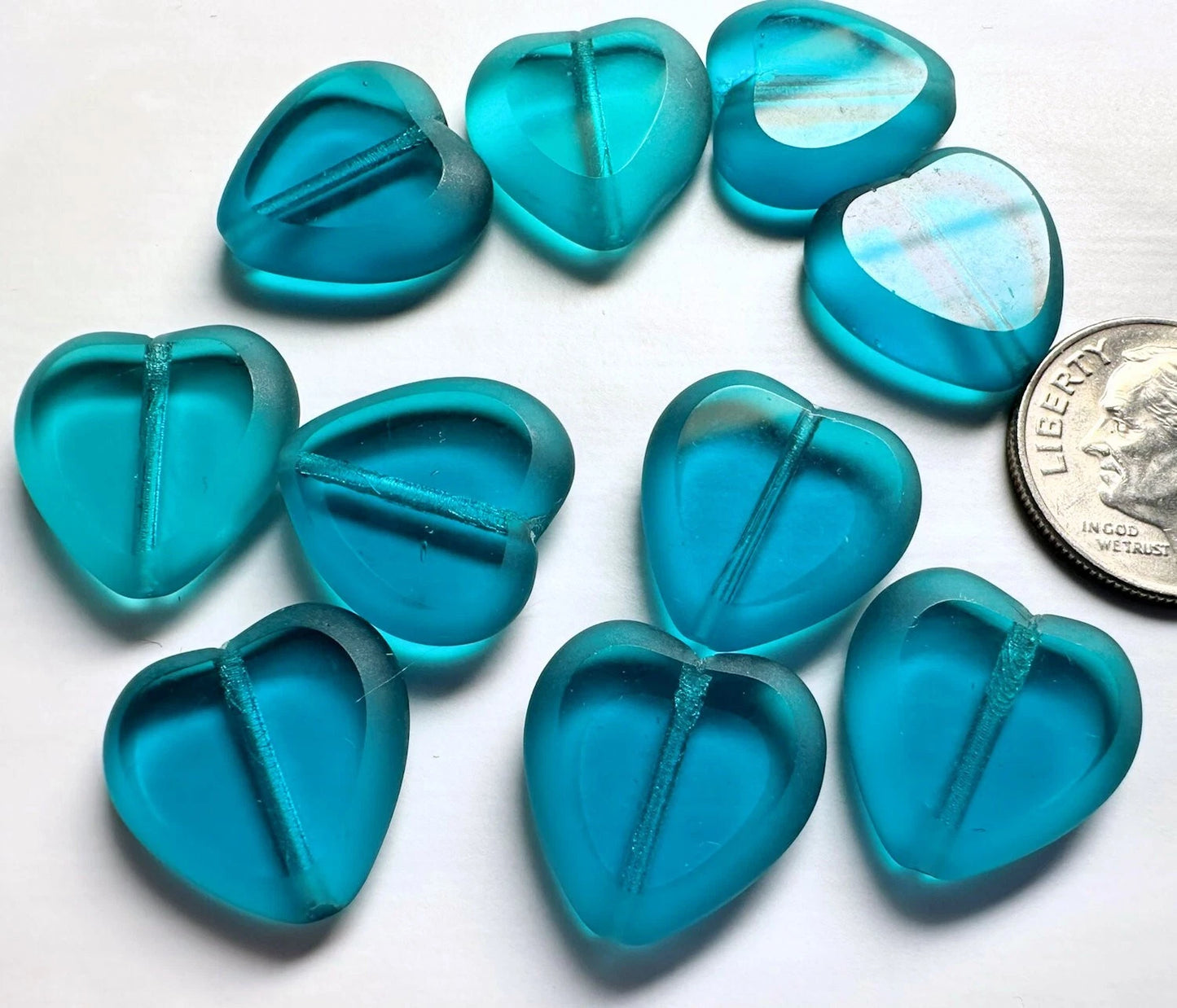 Czech Teal Blue Pressed Glass Heart Focal Beads, 16x15mm, 10 pcs