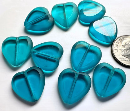 Czech Teal Blue Pressed Glass Heart Focal Beads, 16x15mm, 10 pcs