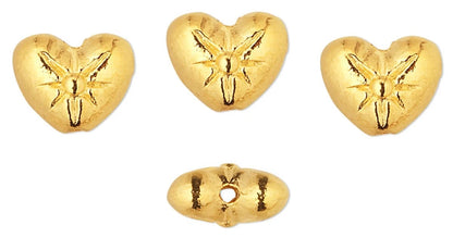 Gold Plated Pewter Double-Sided Heart with Flower Beads, 8x6mm, 50 pcs