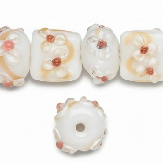 Lampworked Glass Cream, White & Pink Flower Bumpy Beads, Assorted, 16 pcs