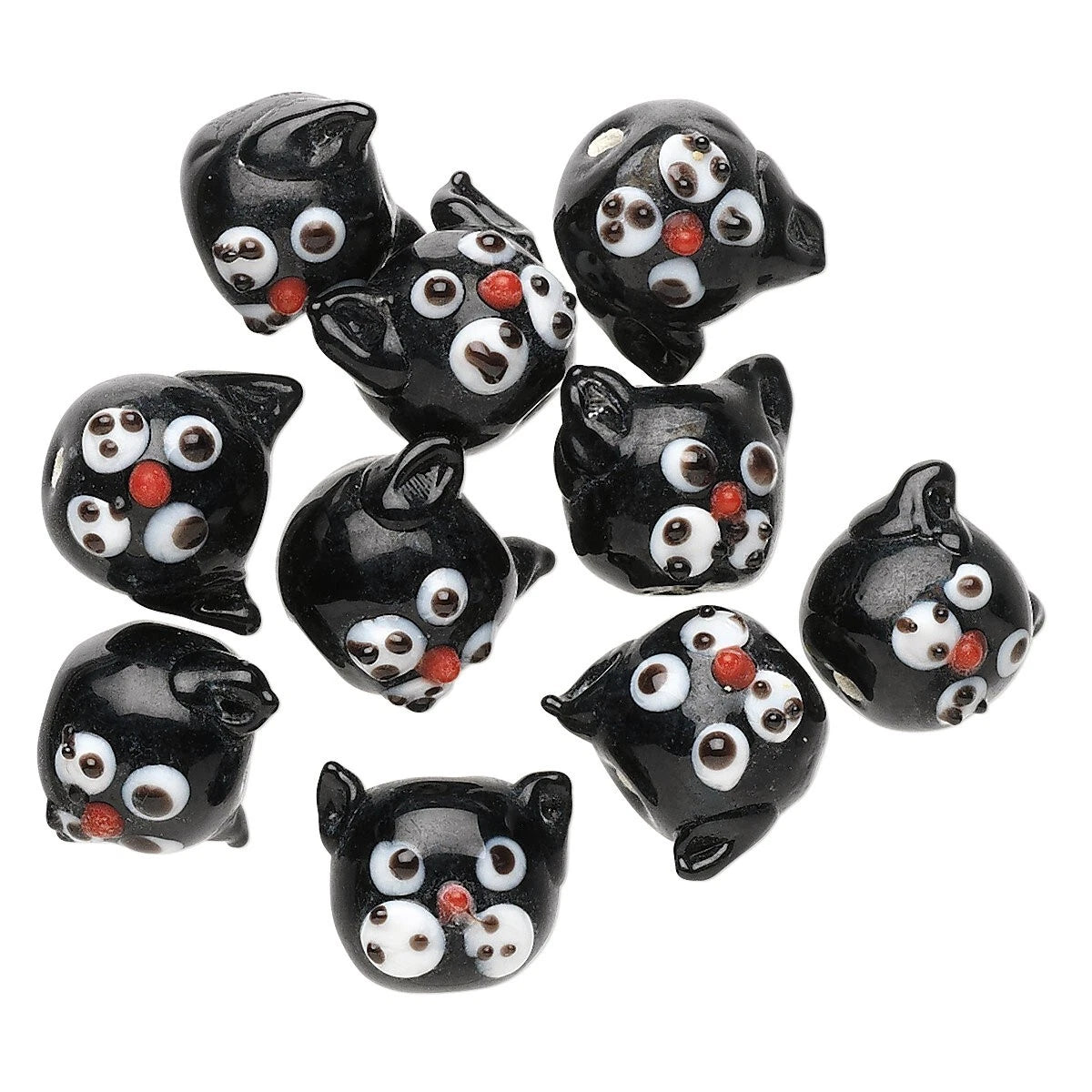 Lampwork Glass Black Cat Head Beads, 13mm, Whimsical