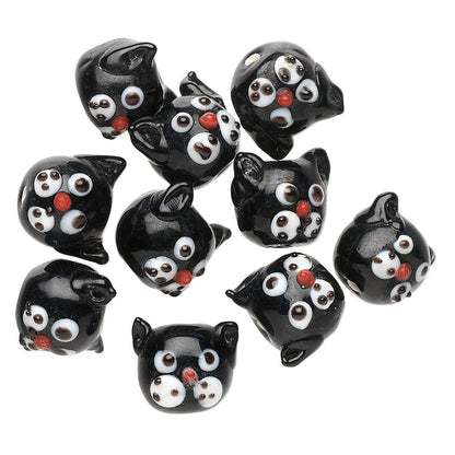 Lampwork Glass Black Cat Head Beads, 13mm, Whimsical