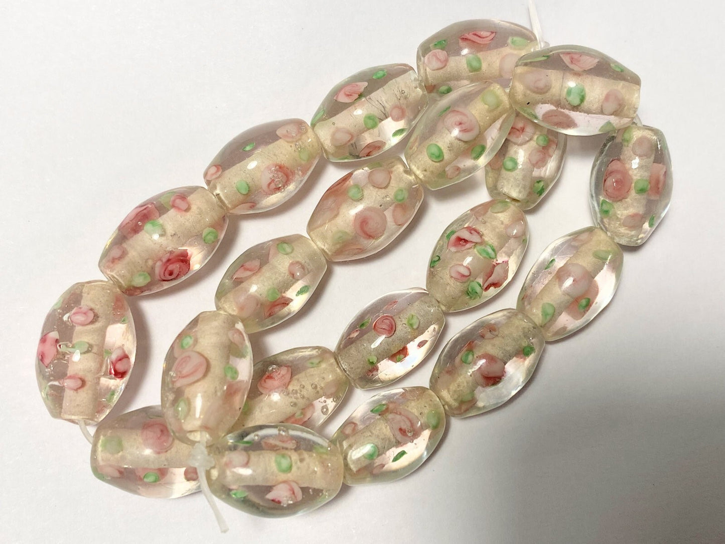 Lampwork Glass 14x11mm Oval Beads, Clear, Green & Pink Flower, 10 pcs
