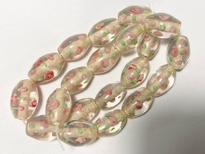 Lampwork Glass 14x11mm Oval Beads, Clear, Green & Pink Flower, 10 pcs