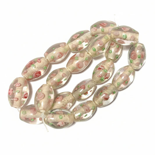 Lampwork Glass 14x11mm Oval Beads, Clear, Green & Pink Flower, 10 pcs