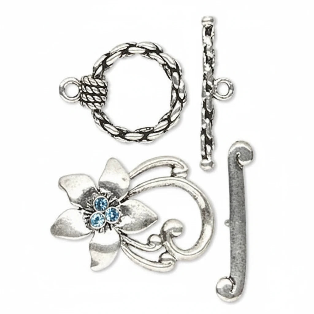 Swarovski Aqua Blue Crystal Antiqued Silver Pewter Toggle Clasp Sets, 2 Sets