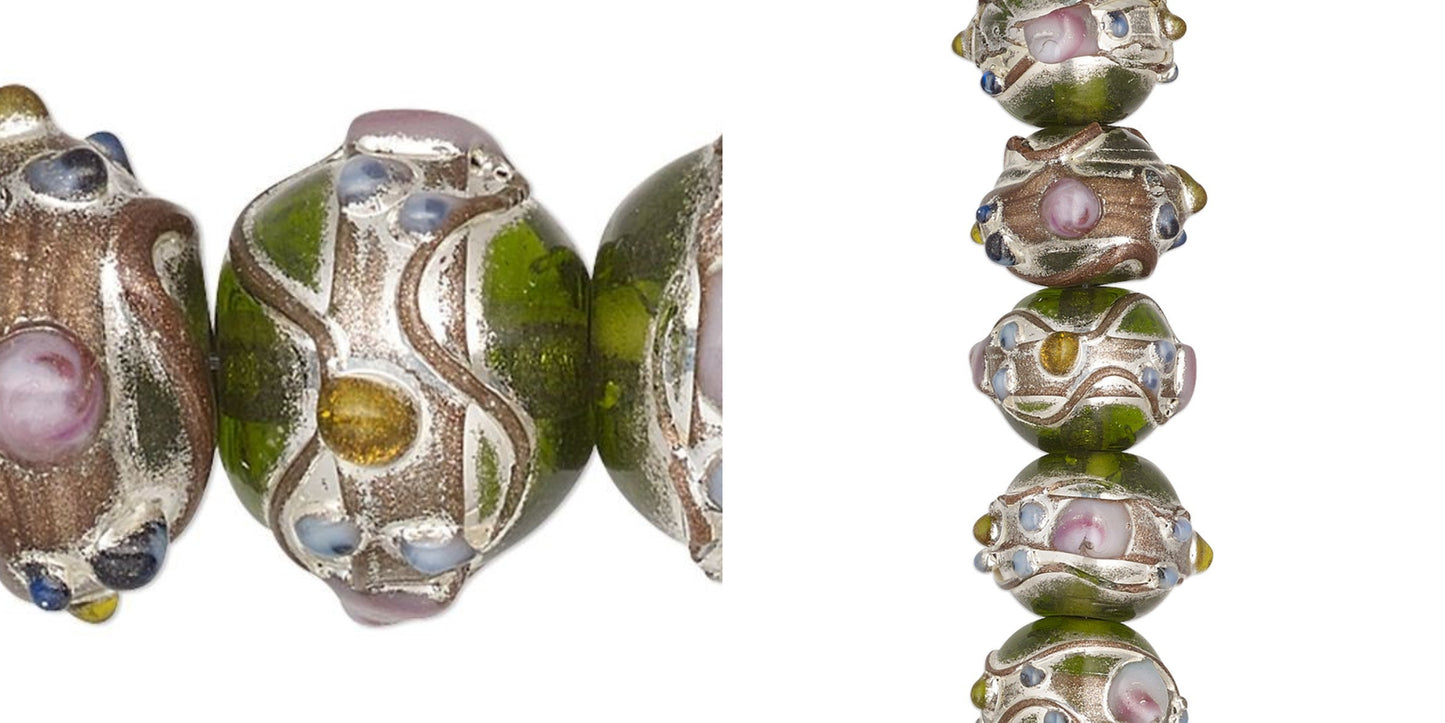 Lampwork Glass 11x13mm Rondelle Beads, Green with Silver & Gold Foil, 30 pcs