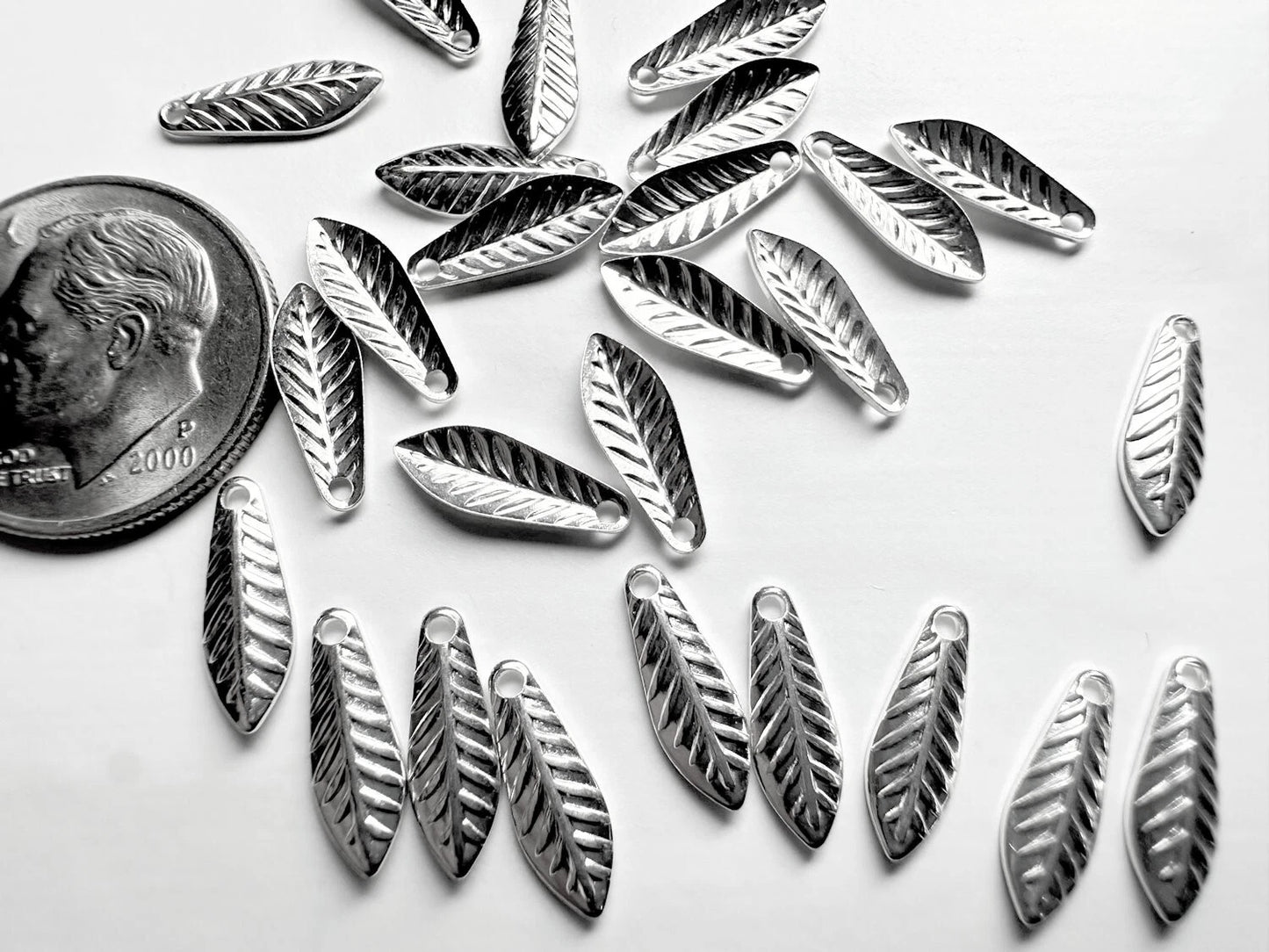 Silver Plated Brass Curved Leaf Drop Charms, 11.5x4mm, 144 pcs