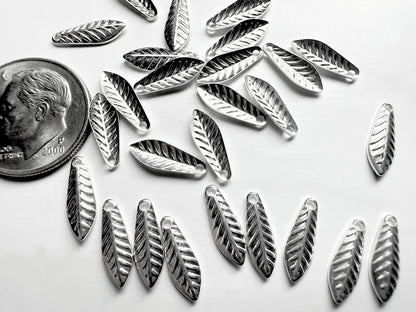 Silver Plated Brass Curved Leaf Drop Charms, 11.5x4mm, 144 pcs