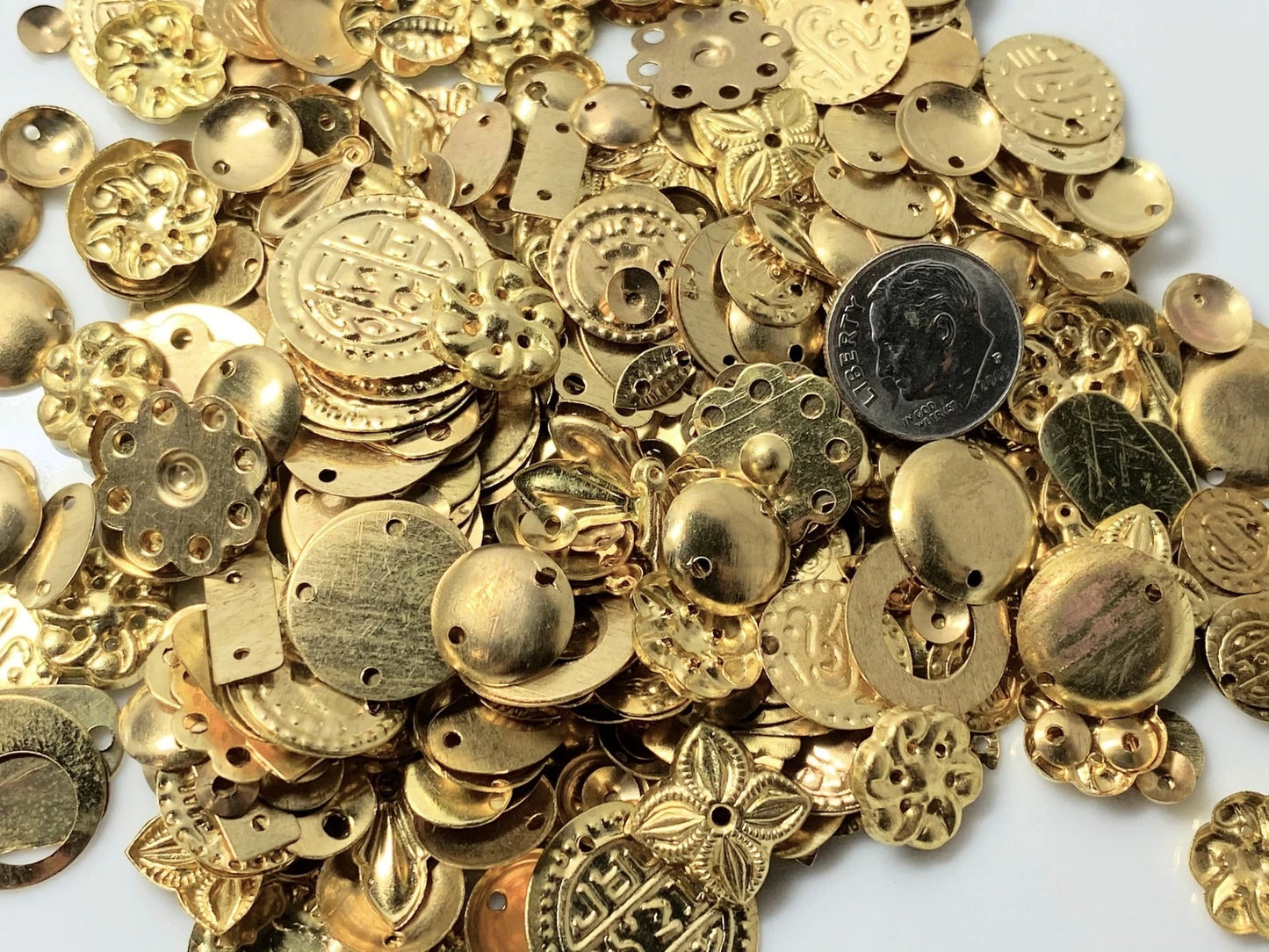Gold Plated Brass Stamped Component Mix, Assorted Shapes, approx. 585-600 pcs, 100g