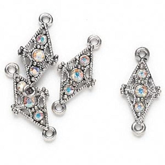Antiqued Silver Pewter Diamond Links with AB Swarovski Crystals, 19x12mm, 4 pcs