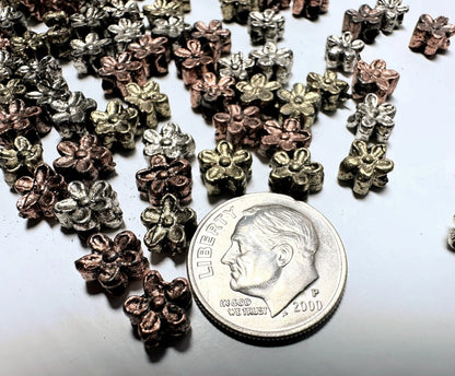 Antiqued Mixed Finish Brass Double-Sided Flower Beads, 6mm, 50g (approx. 35-40 pcs)