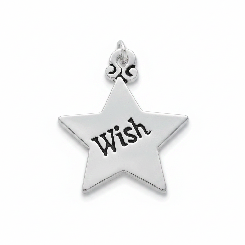 Silver Plated Pewter WISH Star Word Charm with Jump Ring, 3/4 inch - 1 pc