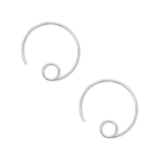 A pair of silver spiral drop earrings on a solid white background.