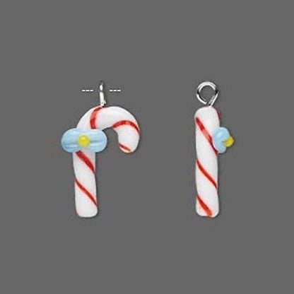 Lampwork Glass Candy Cane Charms, 16x10mm, 2 pcs
