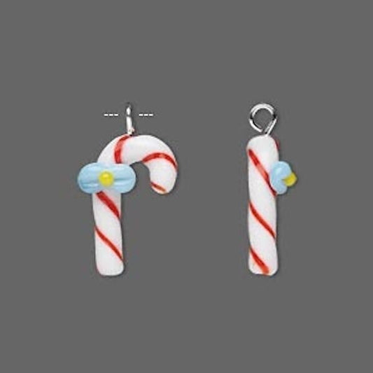 Lampwork Glass Candy Cane Charms, 16x10mm, 2 pcs