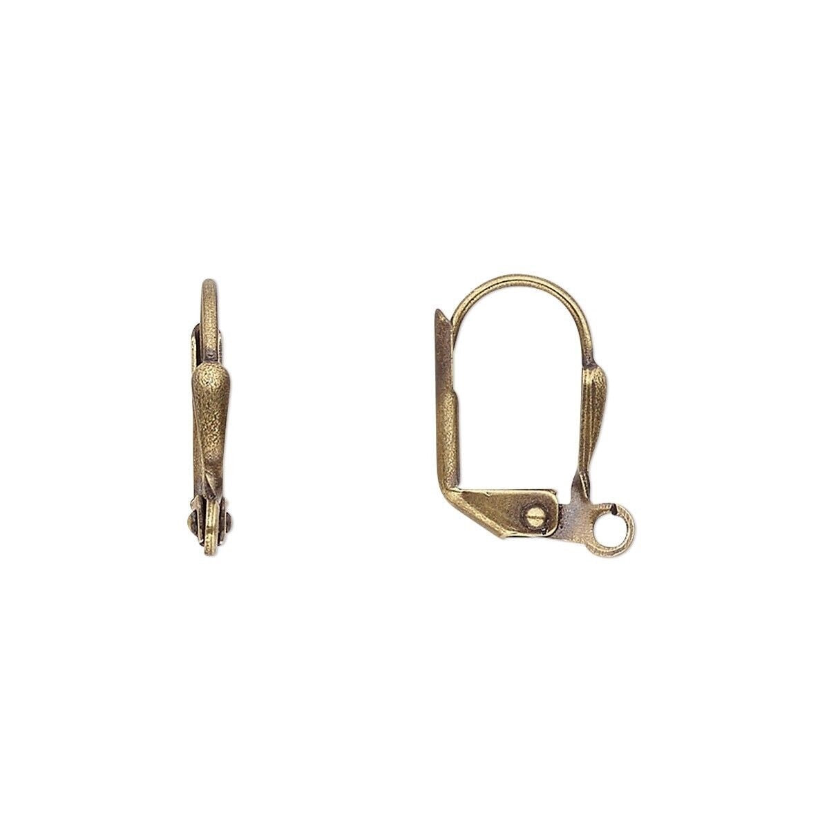 Two antique gold-toned leverback earring findings, showing the side and back views, on a plain white background.