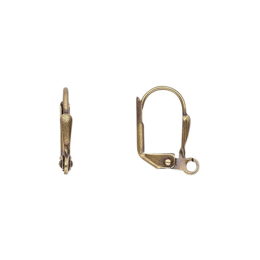 Two antique gold-toned leverback earring findings, showing the side and back views, on a plain white background.