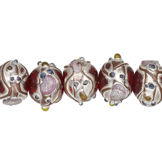Lampwork Glass Rondelle Beads, Red with Silver & Gold Foil Accents, 11x13mm, 30 pcs